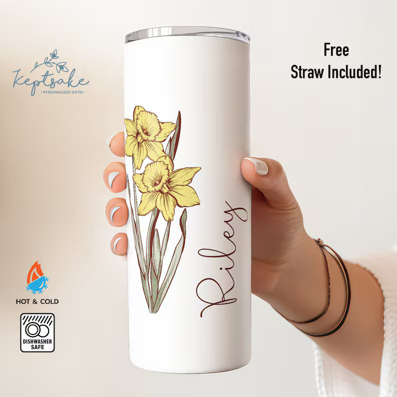 Personalized Birth Flower Skinny Tumbler – Custom Name 20oz Floral Cup