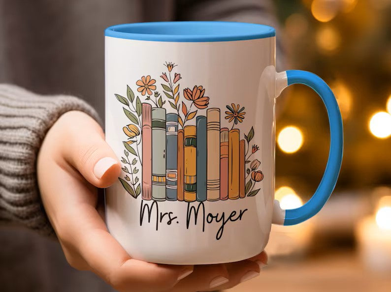 Personalized Floral Book Lover Mug – Custom Name Coffee Cup