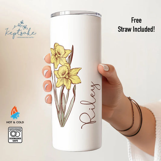 Personalized Slim Tumbler with Birth Flower & Name – 20oz Elegant Custom Cup
