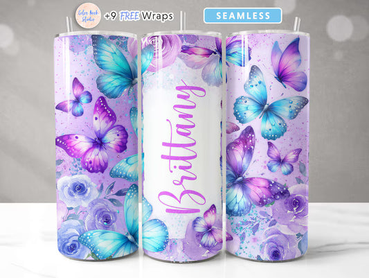 Personalized Butterfly Bliss 20oz Tumbler – Glittery Blue & Purple Skinny Cup with Name 💜🦋