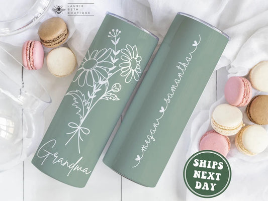 Personalized Grandma Tumbler with Grandkids' Names – Custom Floral Cup for Mother’s Day or Birthday Gift