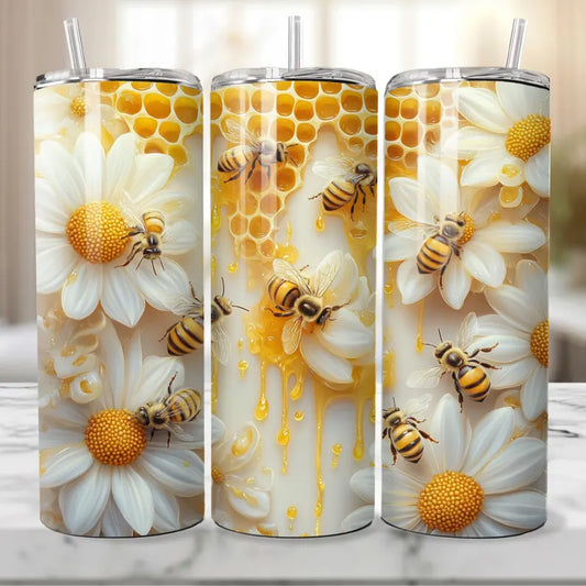 Bee & Honeycomb Floral Skinny Tumbler – 20 oz Insulated Cup with Straw & Lid
