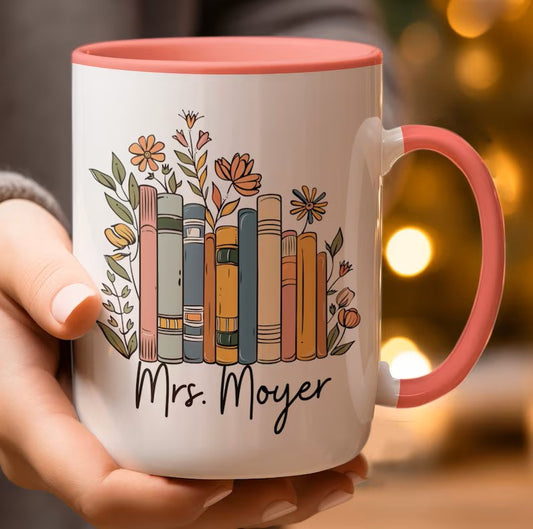 Personalized Floral Book Lover Mug – Custom Name Coffee Cup