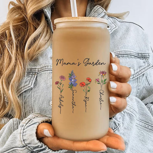 Birth Flower Glass Cup – Personalized 16oz with Name & Lid