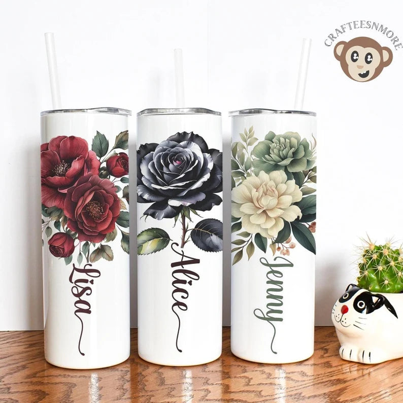 Personalized Rose Tumbler with Name – Elegant Floral Gift for Her