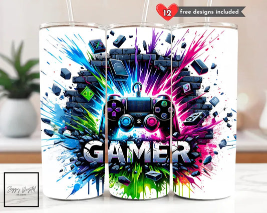 Neon Gamer 20 oz Skinny Tumbler – Insulated Cup with Electric Gaming
