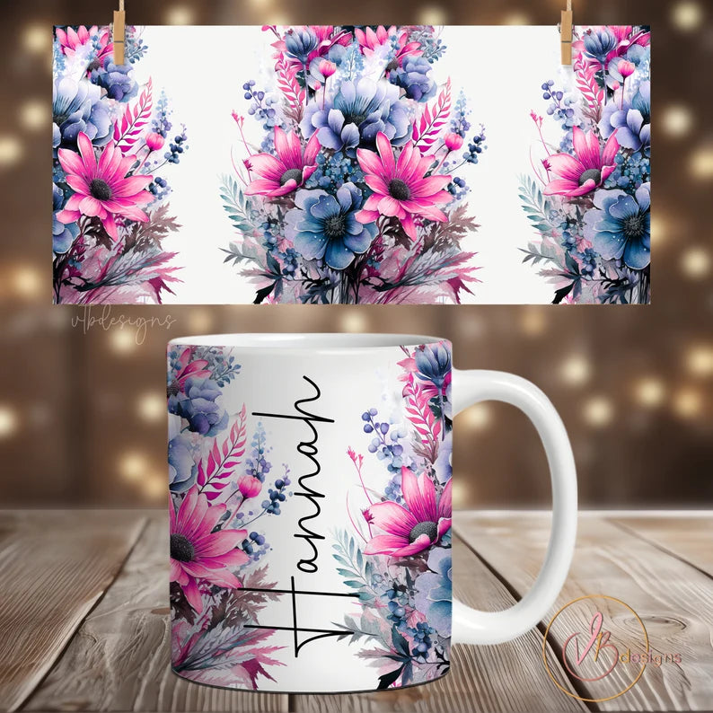 Custom Floral Coffee Tumbler – 11oz with Name & Straw