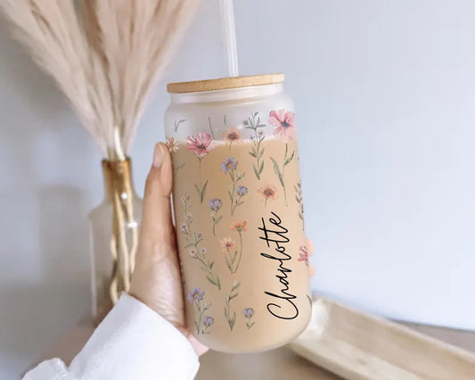 Personalized Wildflower Tumbler – 16oz Glass Cup with Bamboo Lid & Straw