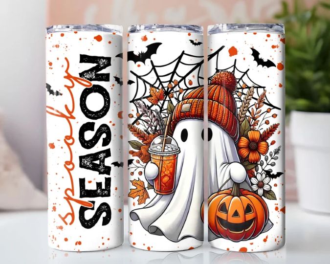 Spooky Season 20 oz Skinny Tumbler – Insulated Cup with Ghost & Pumpkin