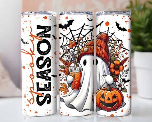 Spooky Season 20 oz Skinny Tumbler – Insulated Cup with Ghost & Pumpkin