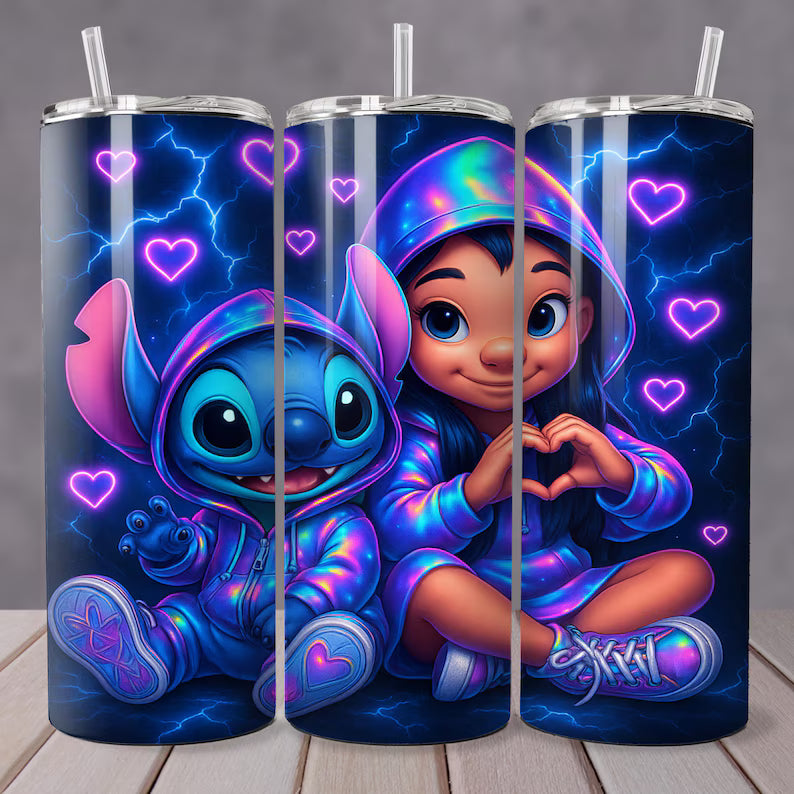 3D Neon Love Lilo & Stitch Tumbler – 20oz Vibrant Couple Gift Cup