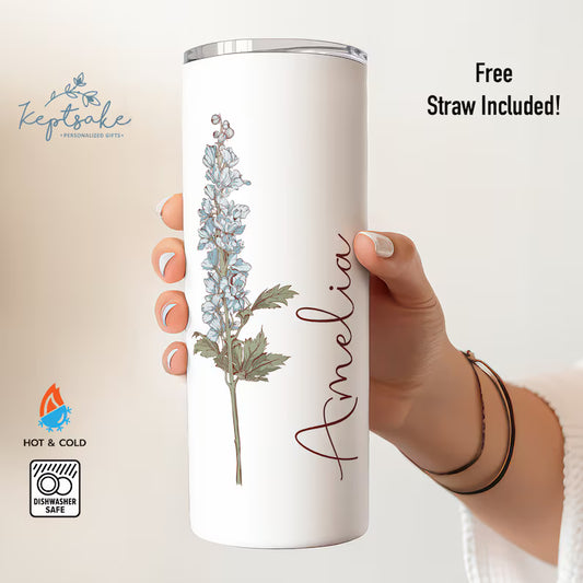 Personalized Birth Flower Skinny Tumbler – Custom Name 20oz Floral Cup