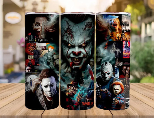 Eerie Nights Halloween Tumbler – 20 oz Skinny Cup with Spooky Collage Wrap