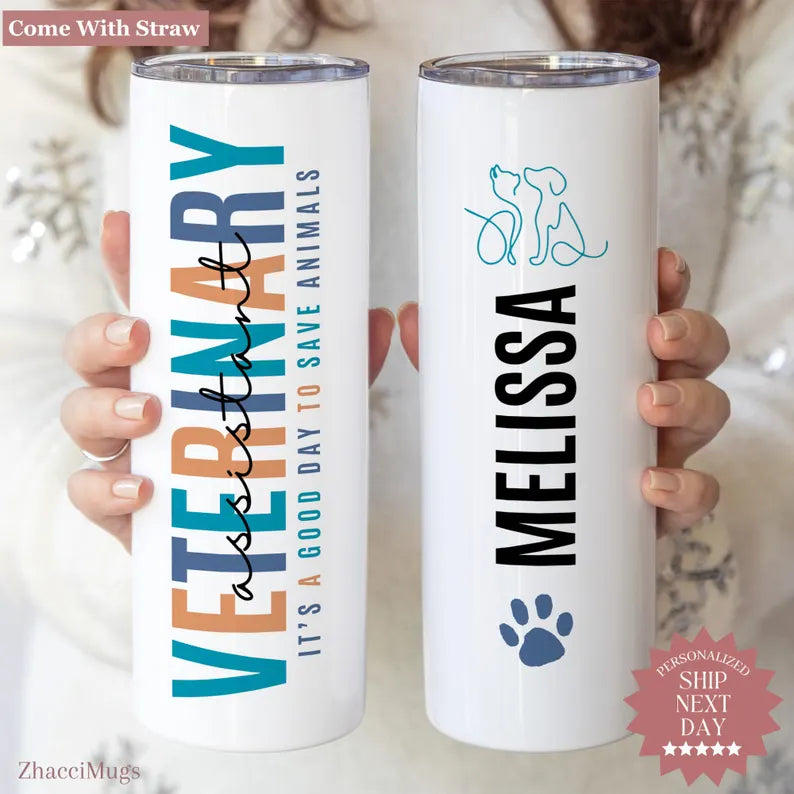 Personalized Vet Assistant Tumbler – Custom Animal Care Cup with Name & Paw Print Design