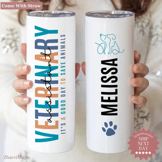 Personalized Vet Assistant Tumbler – Custom Animal Care Cup with Name & Paw Print Design