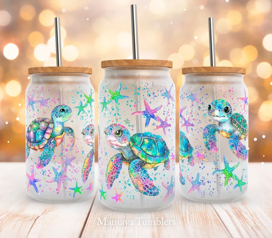 Turtle Power 16 oz Glass Can Tumbler – Tropical Turtle Design