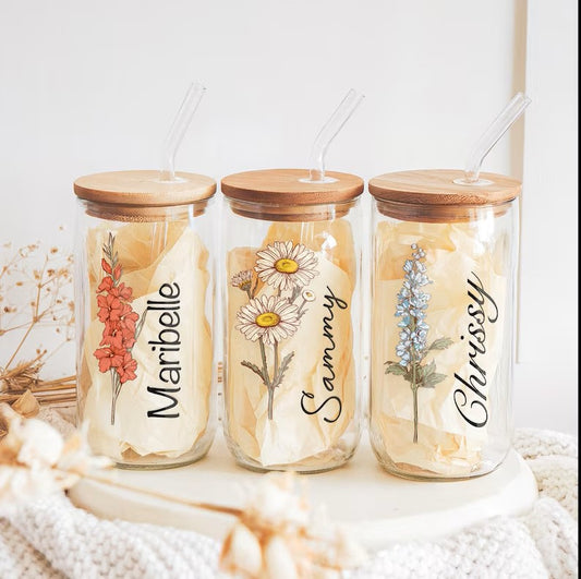 Personalized Birth Flower Glass Cup – 16oz with Name