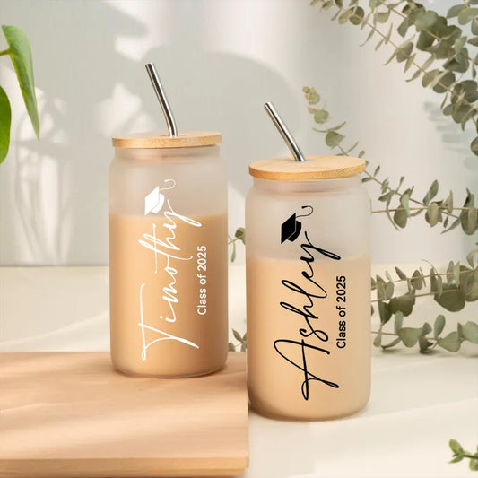 Personalized Graduation Glass Cup – Custom Iced Coffee Cup