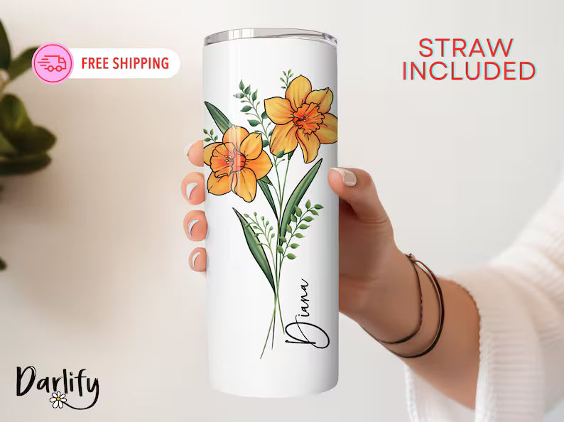 Personalized Birth Flower Skinny Tumbler – Custom Name Floral Cup, 20 oz