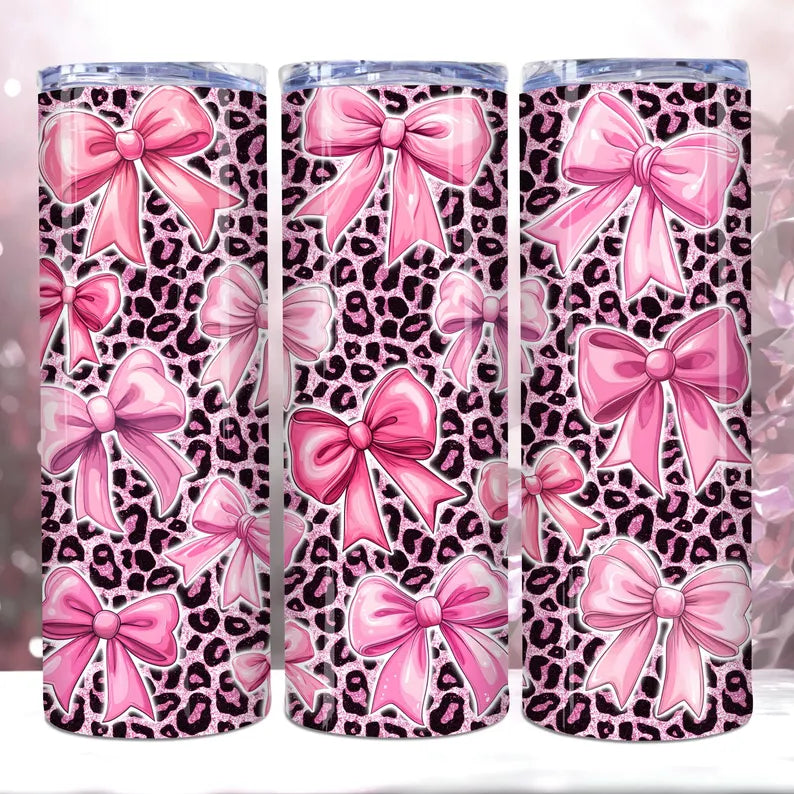 Coquette Bow 20oz Stainless Skinny Tumbler – Pink Glitter & Leopard Print Wrap 🎀🐆