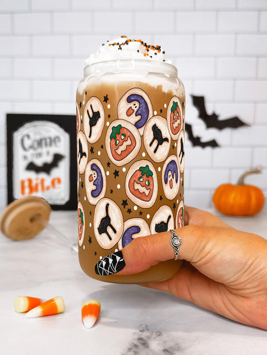 Cute Halloween Glass Cup – 16oz Iced Coffee Cup with Ghost & Cookie Design