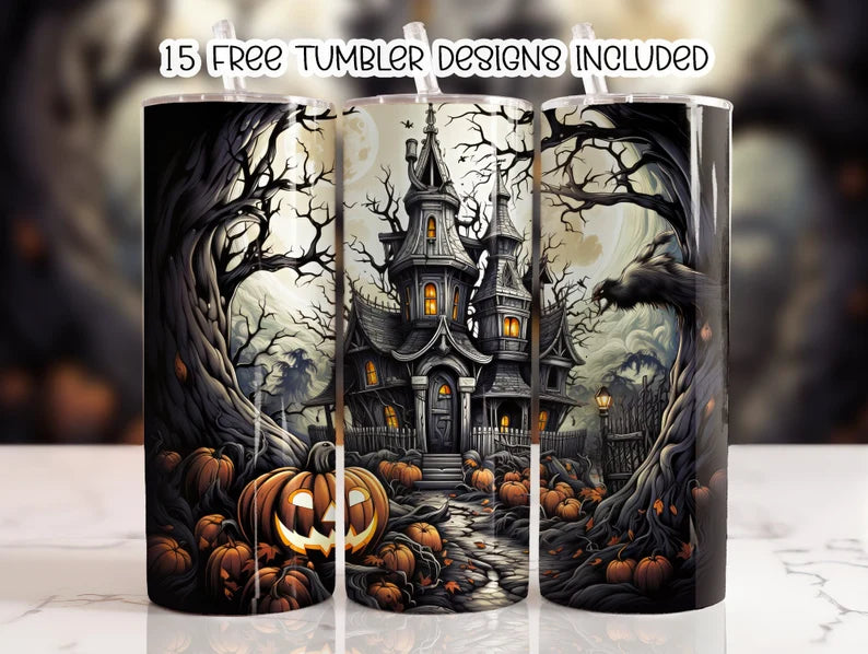 Haunted House Halloween Tumbler – 20 oz Skinny Cup with Spooky Mansion Design