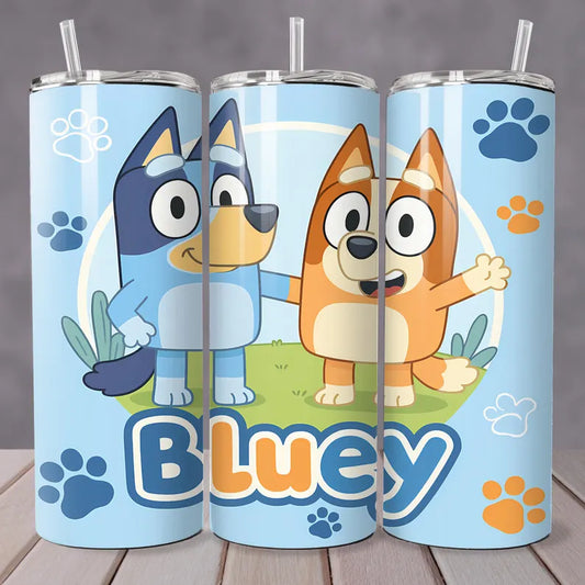 3D Bluey Footprints Tumbler – 20oz Kids Cartoon Dog Cup with Lid & Straw