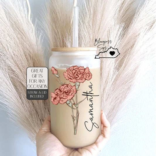 Personalized Birth Flower Glass Cup – Custom Family Tumbler