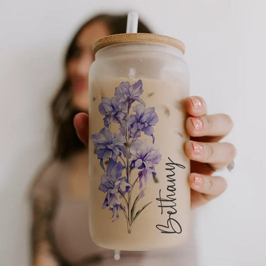 Personalized Birth Flower Coffee Glass – Custom Name Cup