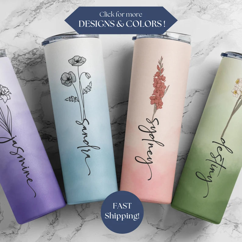 Personalized Birth Flower Tumbler – 20oz Custom Cup with Names & Months
