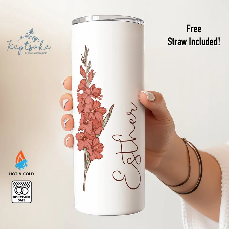Personalized Slim Tumbler with Birth Flower & Name – 20oz Elegant Custom Cup