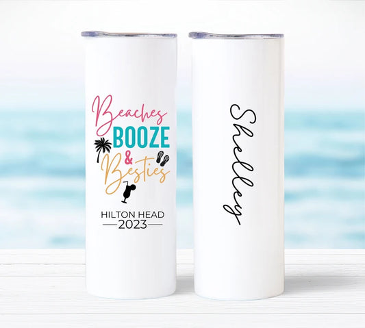Beaches, Booze & Besties Tumbler – Personalized 20oz Cup for Girls’ Trips & Beach Parties