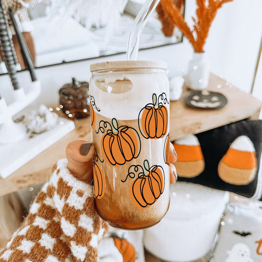 Pumpkin Glass Coffee Cup – 16oz Fall Cup with Lid & Straw