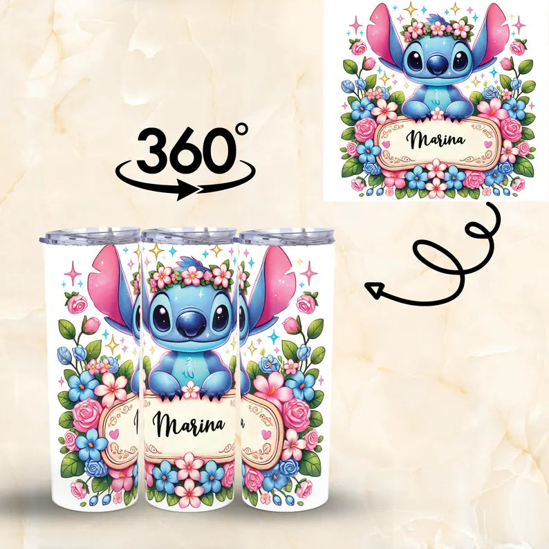 Personalized Stitch Floral Tumbler – 20oz Cute Magic Cup with Name
