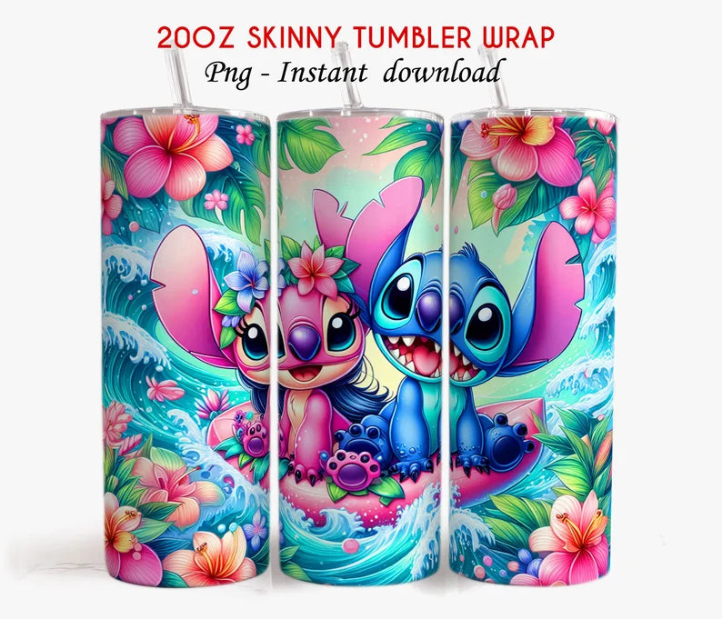 Summer Stitch 20 oz Skinny Tumbler – Tropical Cartoon Beach Vibes
