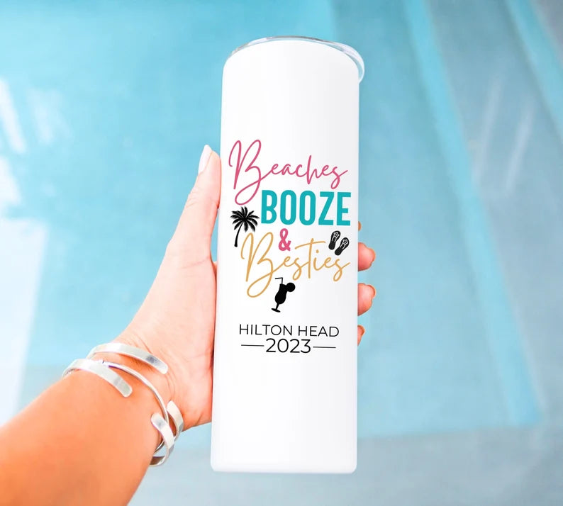 Beaches, Booze & Besties Tumbler – Personalized 20oz Cup for Girls’ Trips & Beach Parties