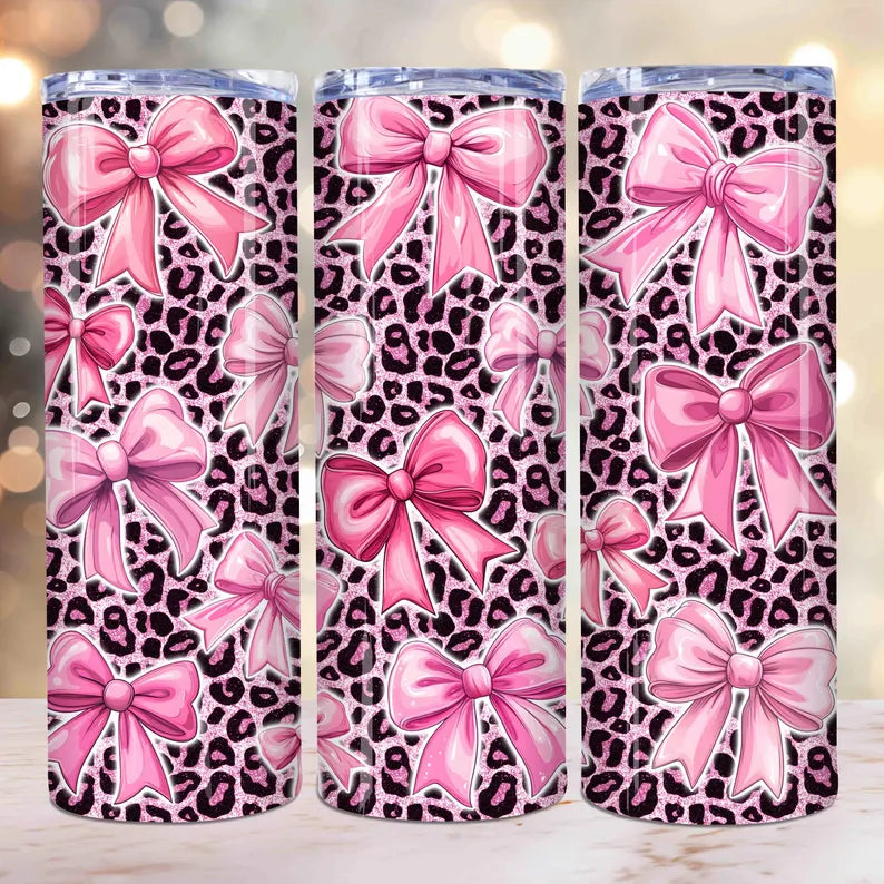Coquette Bow 20oz Stainless Skinny Tumbler – Pink Glitter & Leopard Print Wrap 🎀🐆
