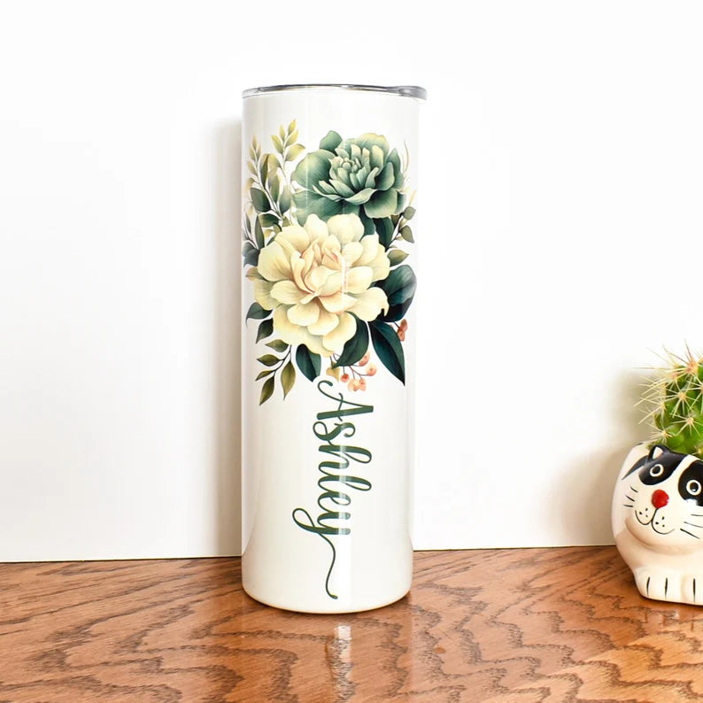Personalized Rose Tumbler with Name – Elegant Floral Gift for Her