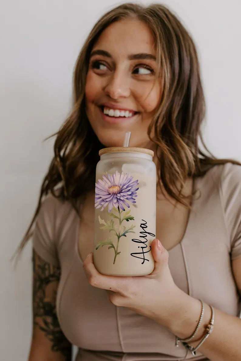 Personalized Birth Flower Coffee Glass – Custom Name Cup