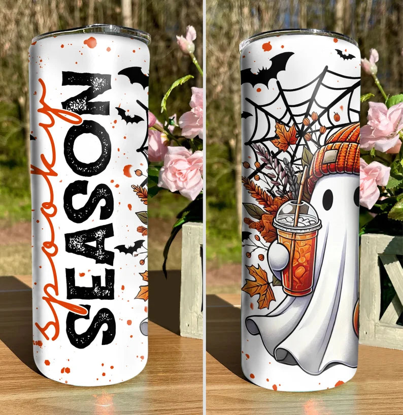 Spooky Season 20 oz Skinny Tumbler – Insulated Cup with Ghost & Pumpkin