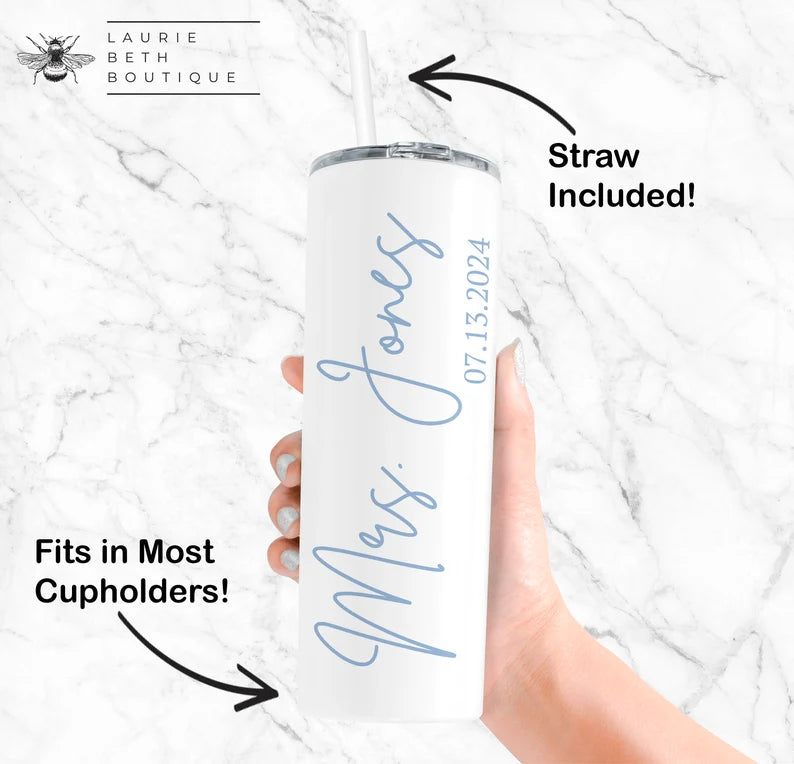 Personalized Bride Tumbler – Custom Wedding Skinny Tumbler with Name & Floral Design
