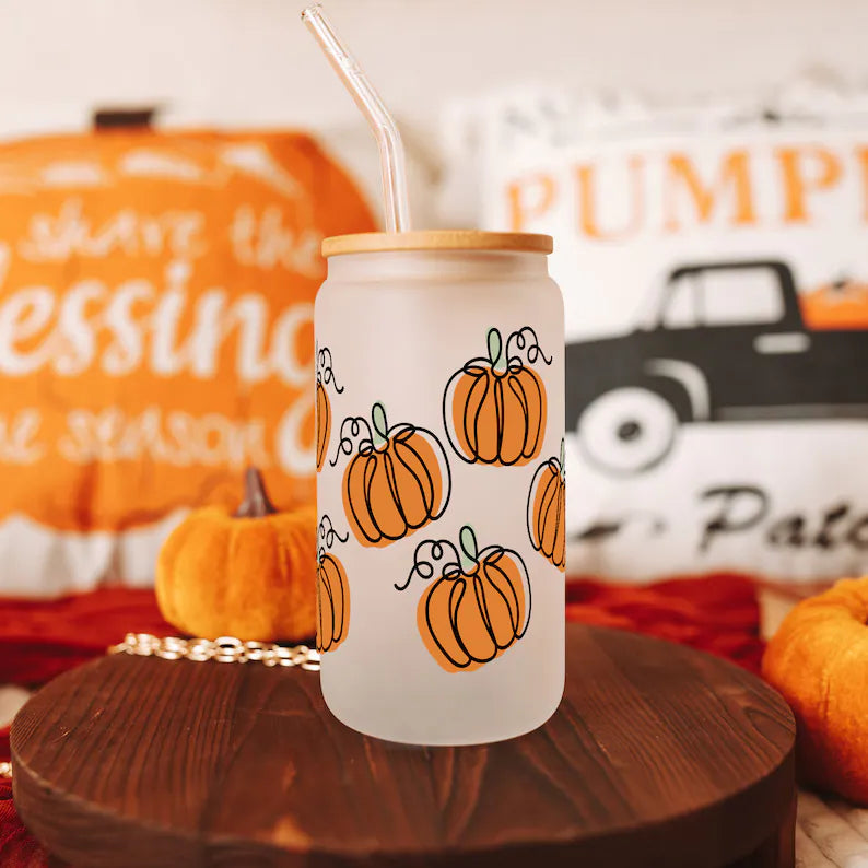Pumpkin Glass Coffee Cup – 16oz Fall Cup with Lid & Straw