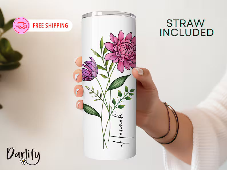 Personalized Birth Flower Skinny Tumbler – Custom Name Floral Cup, 20 oz