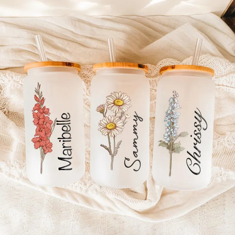 Personalized Birth Flower Glass Cup – 16oz with Name