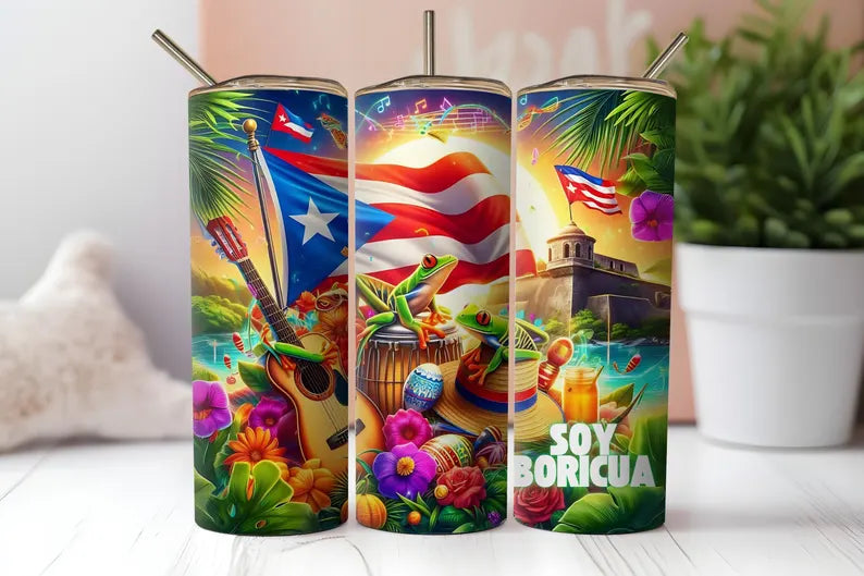 Puerto Rico Pride 20 oz Skinny Tumbler – Insulated Cup with Flag & Tropic