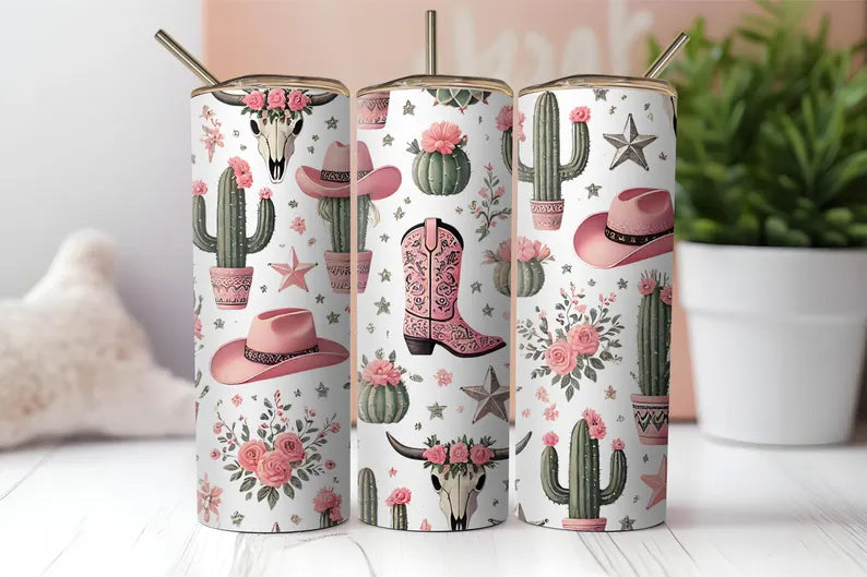 Pink Cowgirl 20 oz Skinny Tumbler – Western Aesthetic with Cowgirl Flair