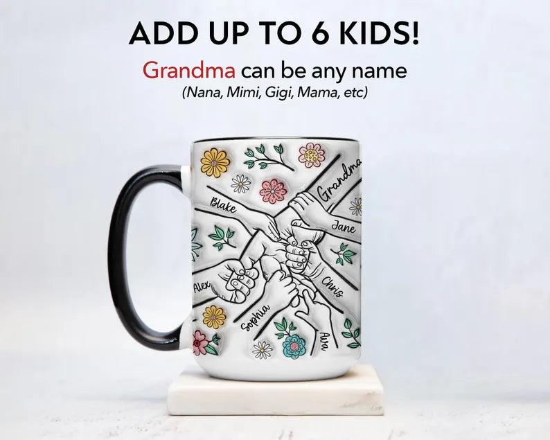 Personalized Grandma Mug – Custom Grandkids Names & Floral Design