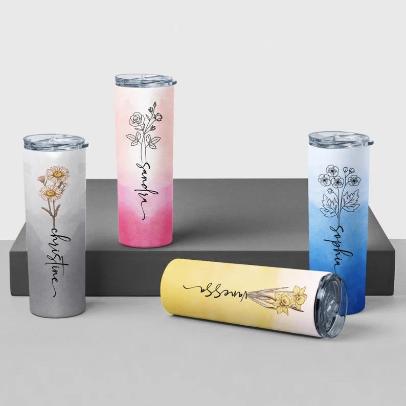 Personalized Birth Flower Tumbler – 20oz Custom Cup with Names & Months