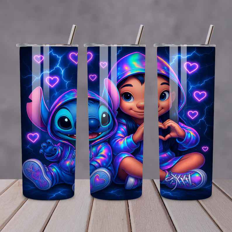 3D Neon Love Lilo & Stitch Tumbler – 20oz Vibrant Couple Gift Cup