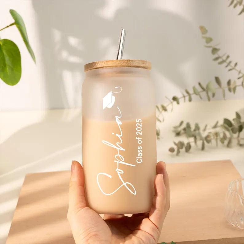 Personalized Graduation Glass Cup – Custom Iced Coffee Cup